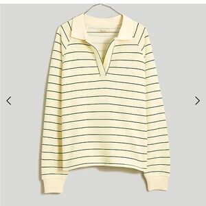 Madewell betterterry polo sweatshirt ~ cream / varsity green stripe Size S
